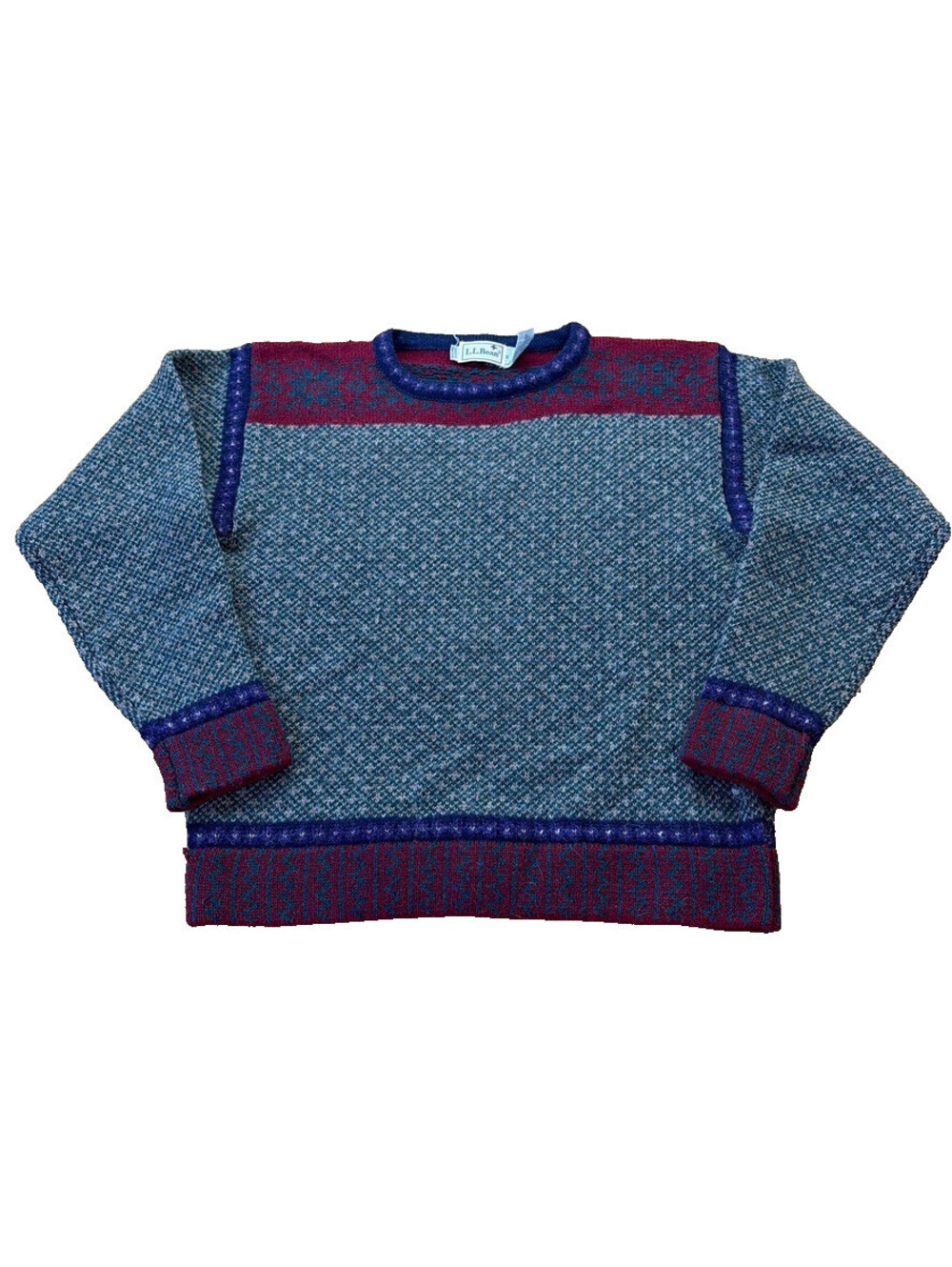 L.L.Bean Vtg Red Grey Birdseye Fair Isle Fisherman 100% Wool Sweater Medium